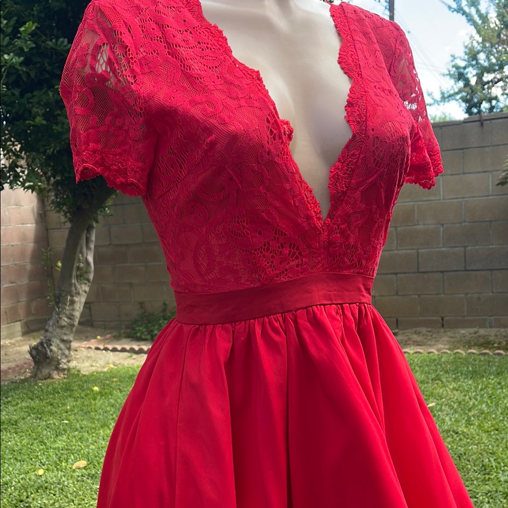 Missguided Red Lace Fit & Flare Mini Dress With Fully V-Neck Size 2”